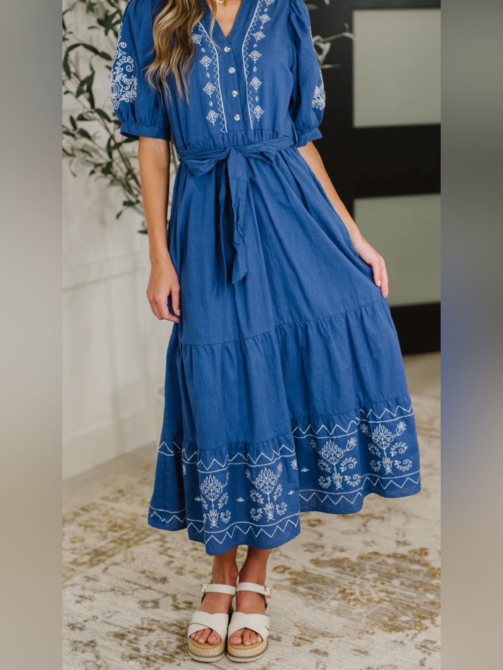 Blue Embroidered Tiered Midi dress with Waist Tie
